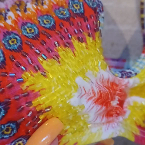 Pilyq Barcelona Multi-Colored Design Print Beaded Front Strappy Bikini Top - Picture 2 of 8